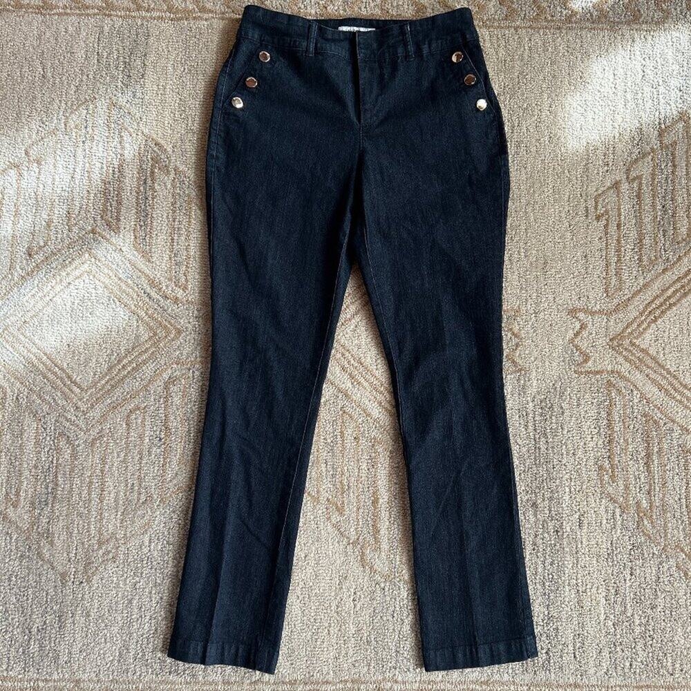 Sailor Button Dark Wash Denim Jeans Straight Leg Nautical Women 4